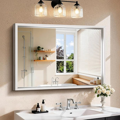 CIRCUMI 30"x42" Brushed Silver Bathroom Mirror, Rectangular Vanity Mirror | Chunky Box Metal Frame, Shatterproof, Tempered Glass, Bathroom Remodel&New Home,Wall Mirror for Over Sink,Living Room,Hallway