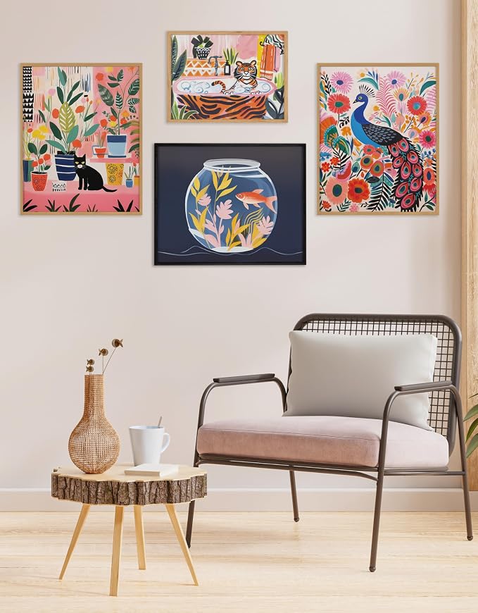 Kate and Laurel Bold Maximalist Tiger in Bubble Bath Framed Wall Art by The Creative Bunch Studio; 16x12 Natural; Cute Animal Bathroom Art for Wall