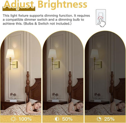 Hardwired Gold Wall Sconces Set of Two, Rustic Bathroom Vanity Lights with White Fabric Shades, Vintage Light Fixtures Convertible Height Wall Light for Living Room Bedroom,Farmhouse,E12 Base