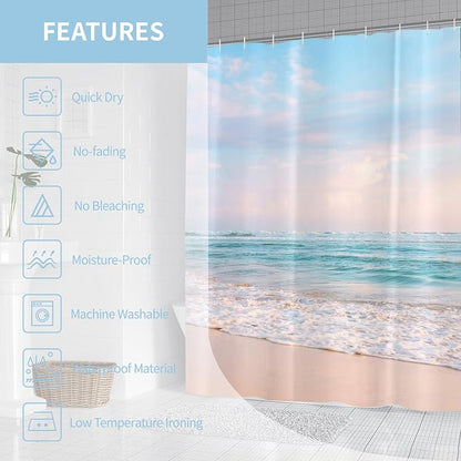 Ocean Beach Coastal Seaside Shower Curtain for Bathroom 72W*72H Inch Nautical Summer Seacoast Beachy Waves Bathtub Decor Seascape Neutral Waterproof Polyester Fabric Set with 12 Hooks