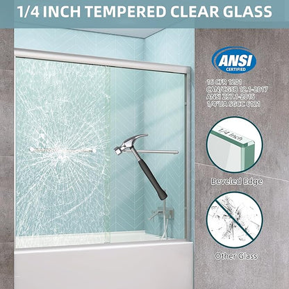 GETPRO Sliding Tub Shower Door 56-60 in. W x 58 in. H Semi-Frameless Bypass Double Sliding Bathroom Glass Door for Tub,1/4 inch Clear Tempered Glass Bathtub Door Brushed Nickel