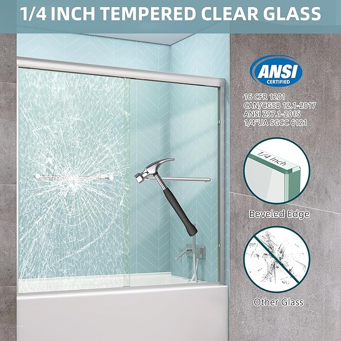 GETPRO Bathtub Sliding Door 50-54 in. W x 58 in. H Semi-Frameless Bypass Double Sliding Tub Shower Door for Bathroom,1/4 inch Clear Tempered Glass Bathtub Door Brushed Nickel