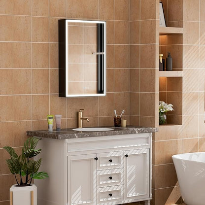 WELLFOR 20" X 30" LED Mirrored Medicine Cabinet, Medicine Cabinets with Lights for Bathroom, Defogging Function Mirror Cabinet, Bathroom Medicine Cabinet with USB Port & Outlet, Left Opening Doors