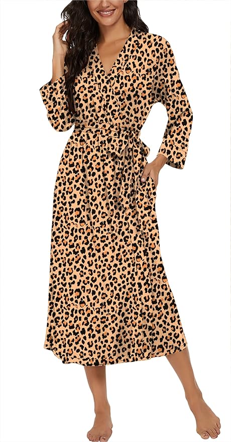VINTATRE Women Kimono Robes Long Knit Bathrobe Lightweight Soft Knit Sleepwear V-neck Casual Ladies Loungewear
