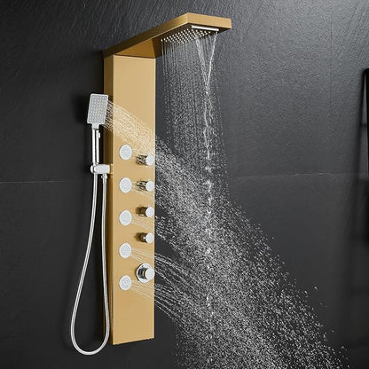 Shower Panel Tower System with Rainfall & Waterfall Shower, 5 Body Jets, 3-Function Handheld, 304 Stainless Steel Shower Tower Column, Gold