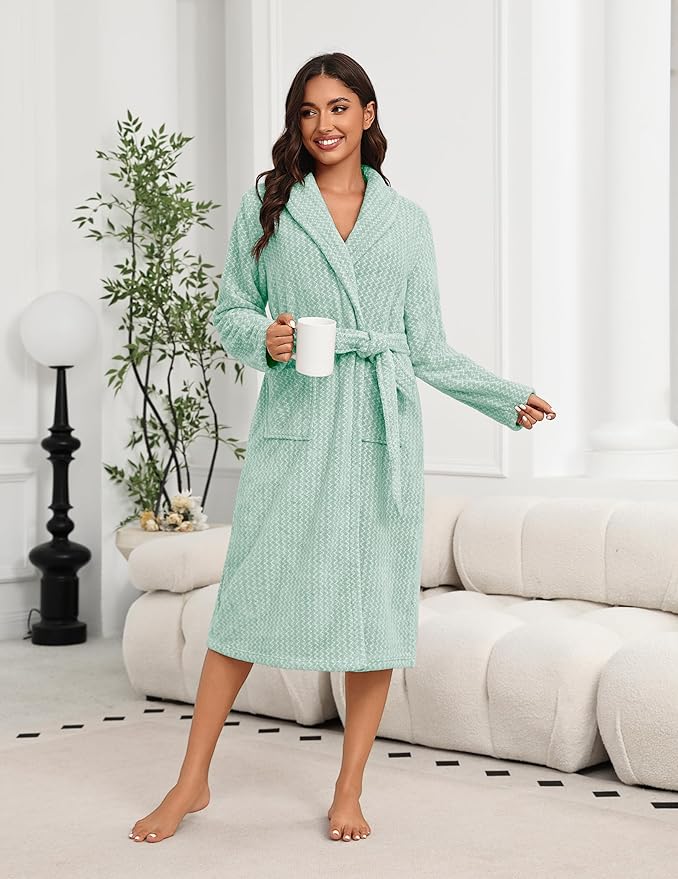 Ekouaer Women's Robe Long Plush Soft Bathrobe Cozy Warm Robes Shawl Collar Sleepwear with Pockets