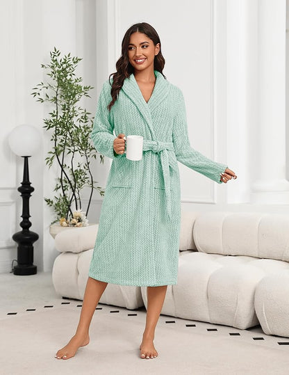 Ekouaer Women's Robe Long Plush Soft Bathrobe Cozy Warm Robes Shawl Collar Sleepwear with Pockets