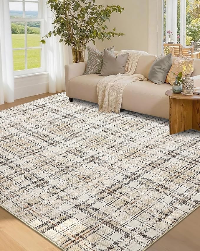 3x5 Entryway Rug Washable Bedroom Rugs with Non Slip Rubber Backing, Plaid Soft Low Pile Rustic Stain Resistant Accent Rug for Entrance Living Room Office Home Decor