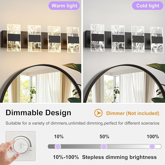 Modern LED Bathroom Light Fixtures Dimmable 4-Light Black Vanity Light, 5CCT Adjustable Lighting Fixture Vanity Lights Over Mirror, Smoked Acrylic LED Vanity Lights for Bathroom