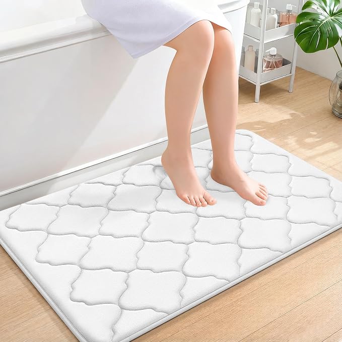 OLANLY Memory Foam Bath Mat Rug 36x24, Ultra Soft and Absorbent Bathroom Rugs, Non-Slip, Comfortable, Machine Washable Bath Carpet for Bathroom Floor, Tub, Shower and Home Decor Accessories, White
