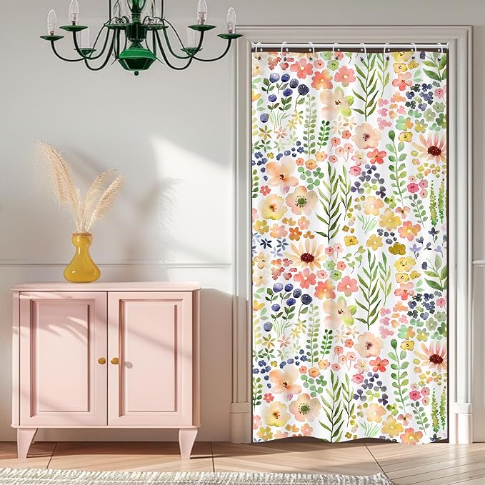 Small Stall Green Yellow Floral Narrow Colorful Bathroom Shower Curtain Set | 36"W x 72"H Flower Spring; waterproof HD print, quick-dry fabric with 12 hooks for easy hanging.