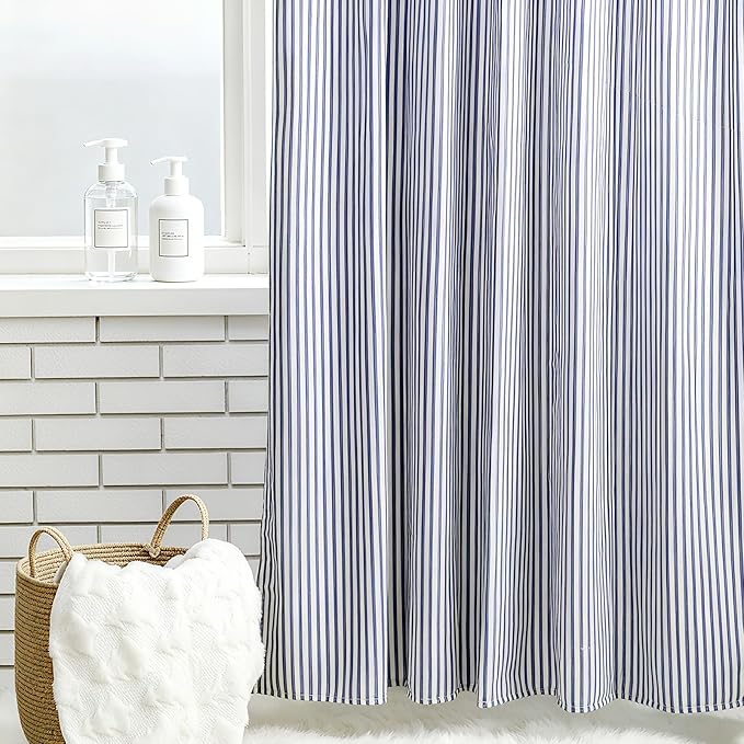 Stripe Cotton Toile Shower Curtain Ticking Stripe Woven Print Curtain Bathroom Decor for Traditional and Contemporary Style Kitchen Bath Home(Navy Blue and White,72 x 72 Inches)
