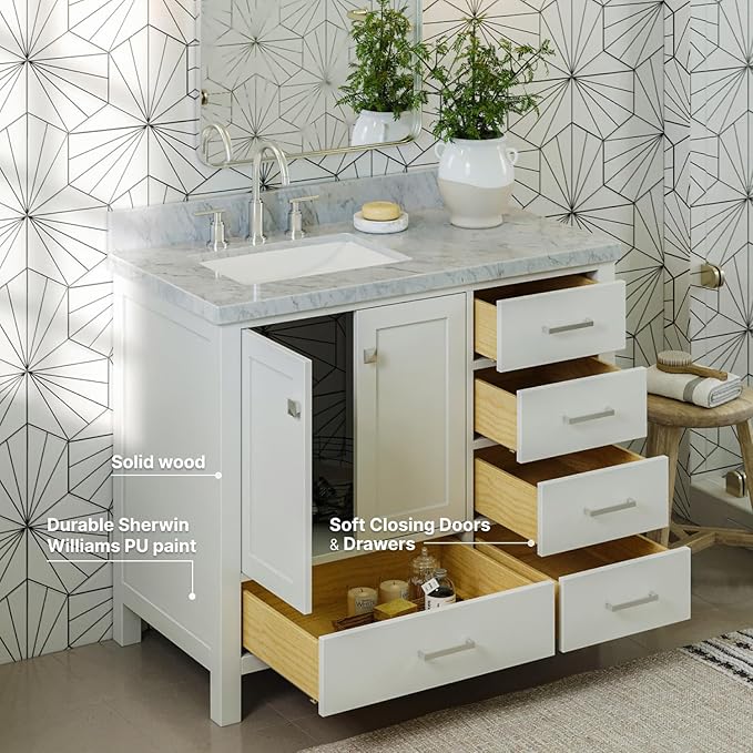 ARIEL Cambridge 42-inch Bathroom Vanity with Sink,Solid Wood, 1.5-inch Italian Carrara Marble Countertop, Single Rectangular Porcelain Sink, 2 Soft Closing Doors, 5 Dovetail Drawers, White