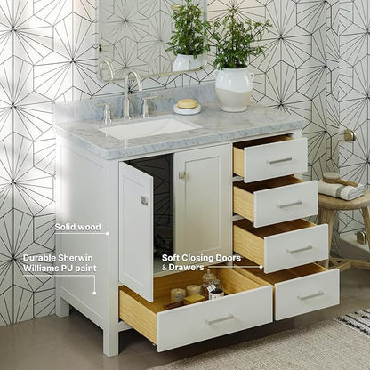 ARIEL Cambridge 42-inch Bathroom Vanity with Sink,Solid Wood, 1.5-inch Italian Carrara Marble Countertop, Single Rectangular Porcelain Sink, 2 Soft Closing Doors, 5 Dovetail Drawers, White
