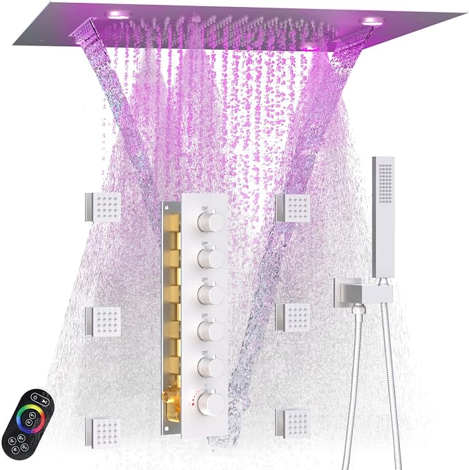 Enga Shower System With Spa Body Jets, 20 Inch LED Waterfall Atomizing Horizontal Square Ceiling Shower Head with Remote Control, Thermostatic Shower Faucet Set Flow Can Be Controlled Brushed Nickel