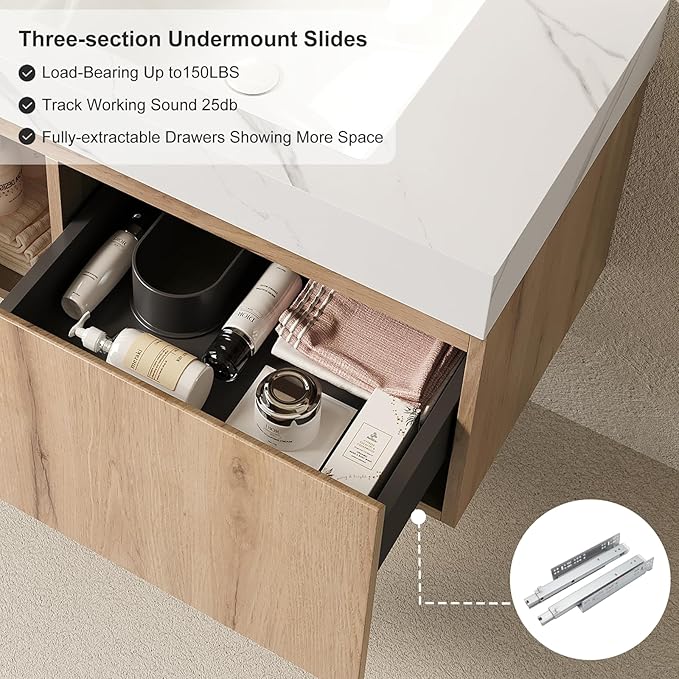 Ambrovina 30" Floating Bathroom Vanity with Sink, Wall Mount Storage Bathroom Vanities with Drawer and Door, Carrara White Sintered Stone Top and Ceramic Basin, Pre-Assembled Cabinet, Light Wooden