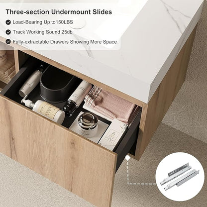 Ambrovina 30" Floating Bathroom Vanity with Sink, Wall Mount Storage Bathroom Vanities with Drawer and Door, Carrara White Sintered Stone Top and Ceramic Basin, Pre-Assembled Cabinet, Light Wooden