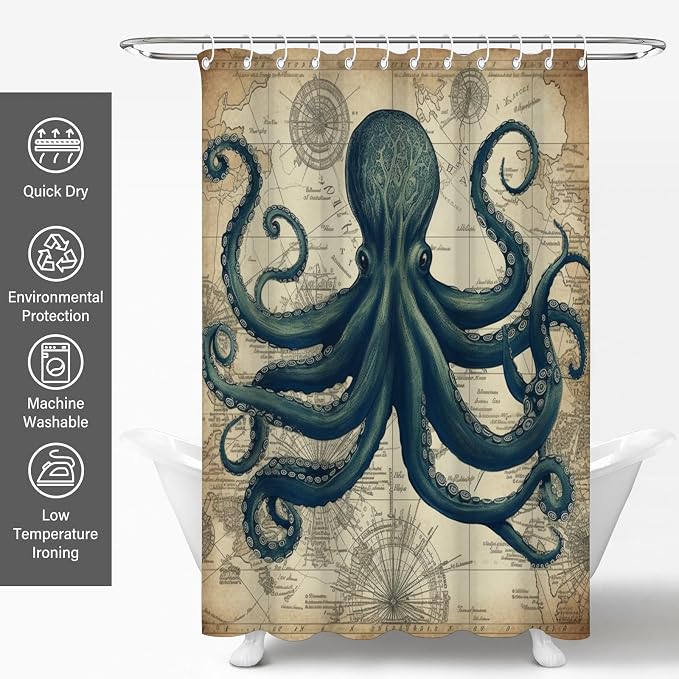 Vintage Nautical Octopus Steampunk Shower Curtain Set 72x72 Inches | Vintage Octopus World Map Steampunk Print, Coastal Retro Home Guest Housewarming Nautical Lover Bath Decor, With Fabric Hooks