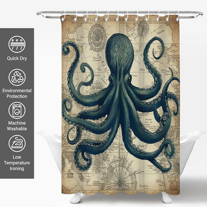 Vintage Nautical Octopus Steampunk Shower Curtain Set 72x72 Inches | Vintage Octopus World Map Steampunk Print, Coastal Retro Home Guest Housewarming Nautical Lover Bath Decor, With Fabric Hooks
