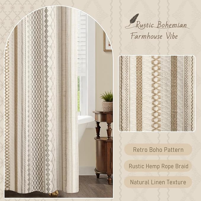 Natural Linen Boho Shower Curtain,72" W x 90" L | Linen Striped Print and Twine-Inspired Woven Center for Bathroom