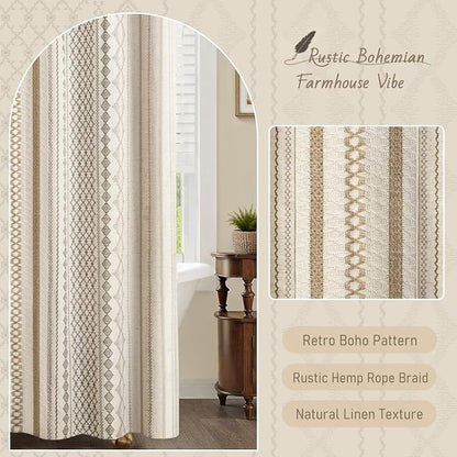 Natural Linen Boho Shower Curtain,72" W x 90" L | Linen Striped Print and Twine-Inspired Woven Center for Bathroom