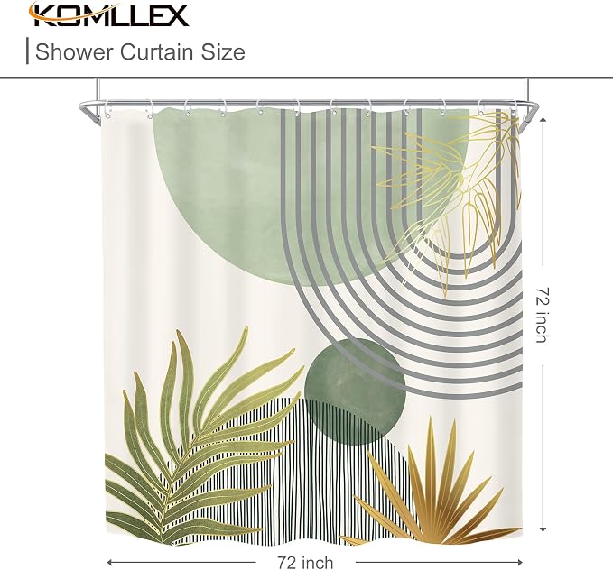 Mid Century Mint Green Boho Abstract Modern Bathroom Shower Curtain Set | 72Wx72L Plant design, waterproof HD print with fast-drying fabric and 12 hooks.