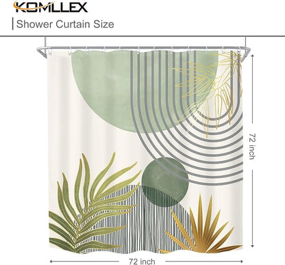 Mid Century Mint Green Boho Abstract Modern Bathroom Shower Curtain Set | 72Wx72L Plant design, waterproof HD print with fast-drying fabric and 12 hooks.