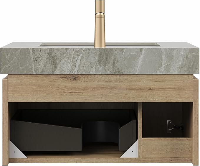 Ambrovina 30" Floating Bathroom Vanity with Sink, Modern Plywood Bathroom Storage Cabinet with Drawer and Door, Gray Sintered Stone Countertop and White Ceramic Basin, Pre-Assembled, Light Oak