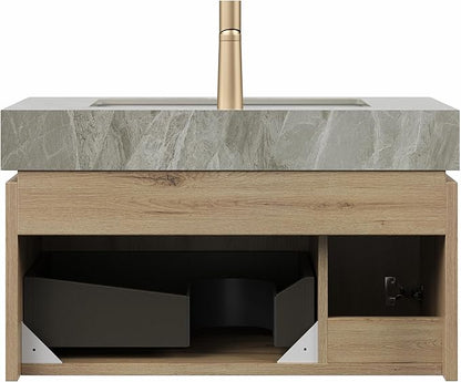Ambrovina 30" Floating Bathroom Vanity with Sink, Modern Plywood Bathroom Storage Cabinet with Drawer and Door, Gray Sintered Stone Countertop and White Ceramic Basin, Pre-Assembled, Light Oak