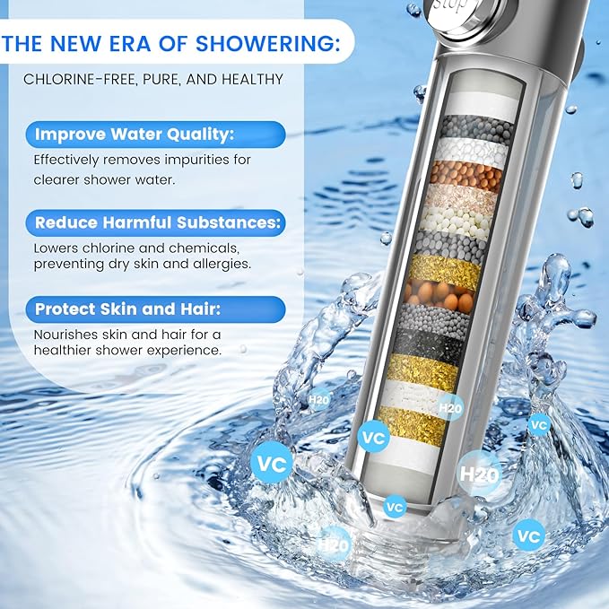 PWERAN Filtered Shower Head with Handheld,High Pressure Shower Heads Filter | ON/OFF Switch,4 Spray,Built-in Power Wash,Detachable Showerhead,Silicone Massage Brush,Remove Chlorine,Reduces Dry Itchy Skin