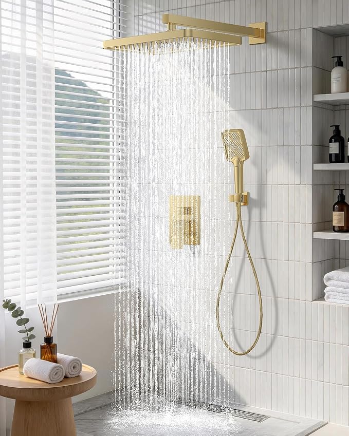 Shower System 13-Inch Rainfall Shower Head - 3 Setting Handheld Sprayer, Complete Bathroom Set with Faucet Mixer Trim Kit & Valve Brushed Gold