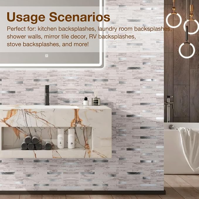 Peel and Stick Backsplash Tile Waterproof Removable PVC Wall Sticker 3D Faux Stone Marble Brick White Accent Panels (Polished Eurasia Silver - Gray, 20 Tiles - 9 sq. ft. (0.84 M²))