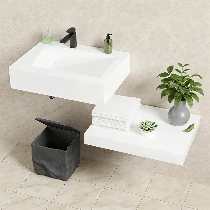 Wall-Mounted Resin Stone 24" Bathroom Sink, Seamless Integrated Vessel Sink with Sloped Design & Open Storage Shelf, Modern Floating Vanity for Bathrooms & Outdoor Spaces