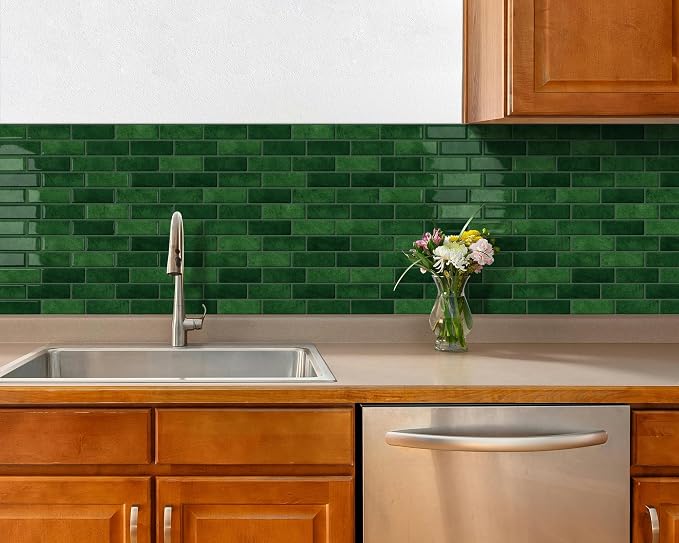Green Peel and Stick Backsplash 3D Self Adhesive Wall Tile 10 Sheet | Thick,Sticky,Vinyl,12"x12",Marble,for Kitchen,Bathroom
