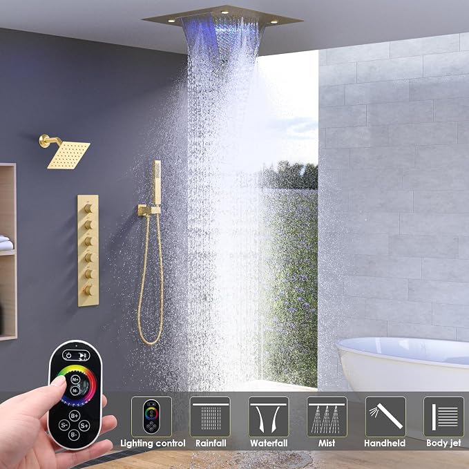 Enga Luxury Dual Shower Head System LED Thermostatic Shower System with 6 inch Wall Shower, 20-Inch 3 Function Shower Head (Rainfall & Mist & Waterfall), Brushed Gold