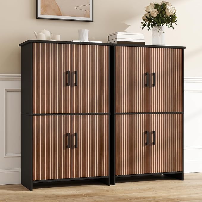 Bathroom Storage Cabinet, Floor Cabinet with 4 Fluted Doors and 2 Adjustable Shelves Wooden Tall Freestanding Organizers and Storage,Black