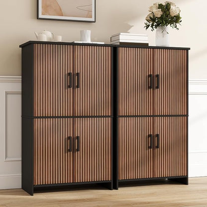 Bathroom Storage Cabinet, Floor Cabinet with 4 Fluted Doors and 2 Adjustable Shelves Wooden Tall Freestanding Organizers and Storage,Black