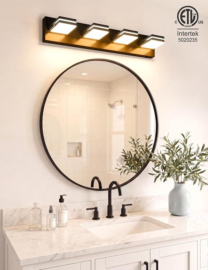 VOLISUN 4 Light Bathroom Vanity Light, 27.16 inch Dimmable Bathroom Light Fixtures Over Mirror, 5 Color Temperatures, 180°Rotatable Head, Black LED Vanity Lights for Bathrooms-ETL Certificated