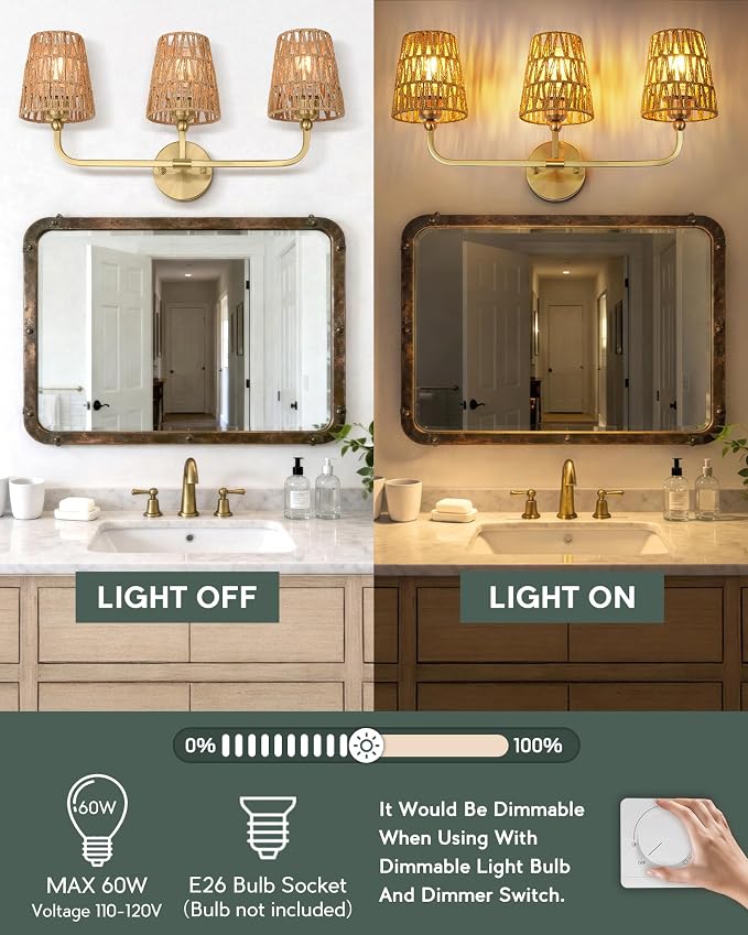 3-Light Brushed Gold Bathroom Vanity Light, Handwoven Rattan Shades | Ideal for 28-38" mirrors, 24.5" bathroom light fixtures over mirror, upward only, E26 base, bulbs not included, VL837-BG-RA-3