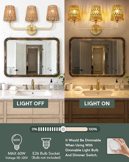 3-Light Brushed Gold Bathroom Vanity Light, Handwoven Rattan Shades | Ideal for 28-38" mirrors, 24.5" bathroom light fixtures over mirror, upward only, E26 base, bulbs not included, VL837-BG-RA-3