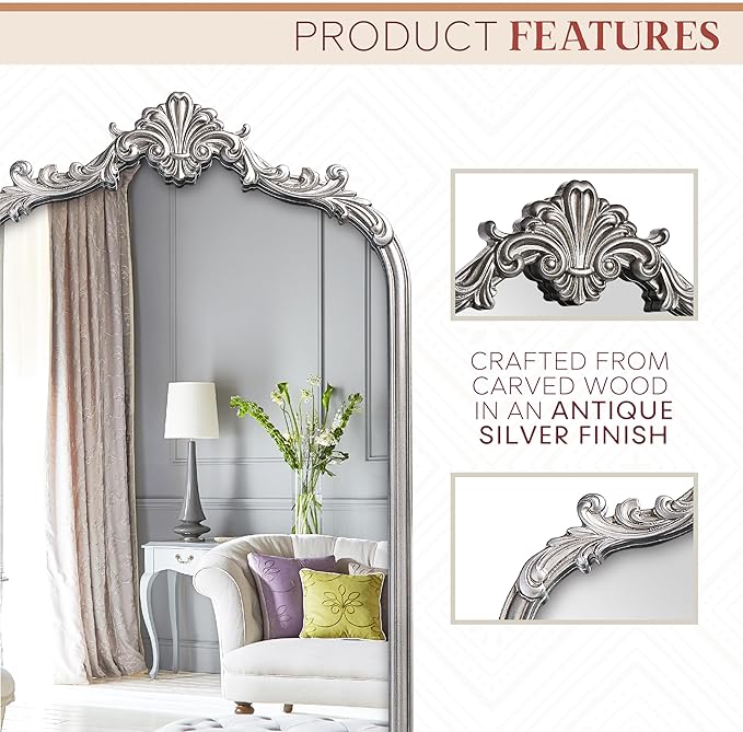 English Estate Carved Arch Wood Wall Mirror, Mirror for Entryway, Living Room, Bathroom, Antique Silver, 20.4x33
