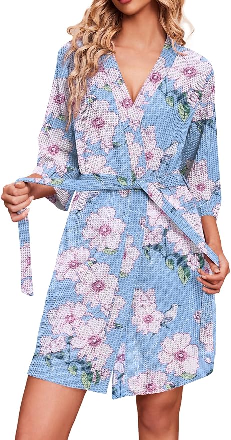 Ekouaer Robes for Women Waffle Knit Bathrobe Soft Lightweight Knee Length Loungewear S-XXL