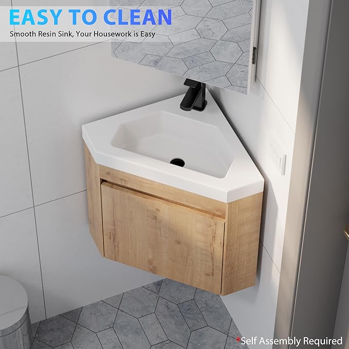 eclife 22" Corner Bathroom Vanity Sink Combo for Small Space Wall Mounted Floating Cabinet with White Resin Sink and Matte Black Faucet, Natural