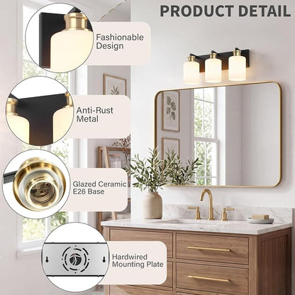 3-Light Bathroom Vanity Light, Black and Gold Vanity Lights for Bathroom | Bathroom Light Fixtures over Mirror with White Glass Shade, Modern Vanity Light Fixture, Wall Sconces Lighting, 16.5 Inch
