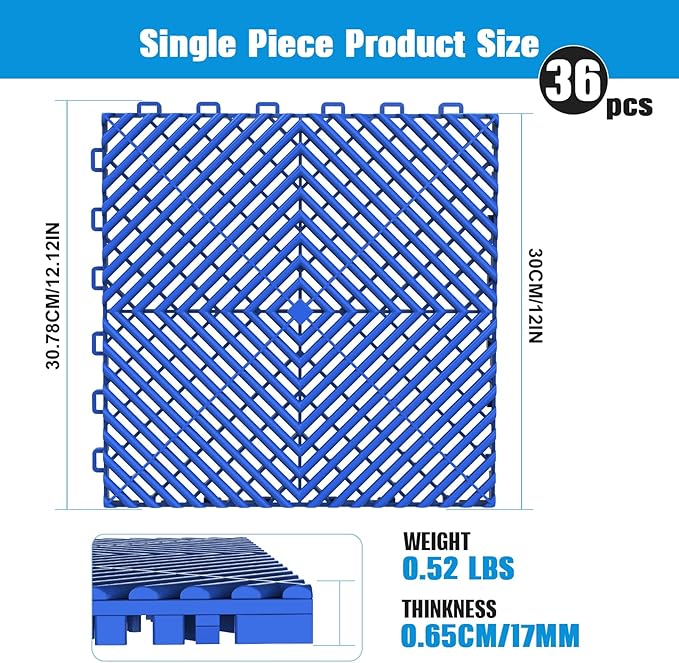 36-Pcs Interlocking Tile, 12" x 12" Indoor/Outdoor Self-Drainage Interlocking Floor Tiles, Non-Slip Heavy-Duty Polypropylene Splicing Flooring Tile for Garage Patio Pool Bathroom, Blue