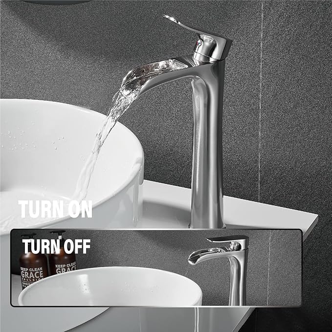 YUNDOOM Vessel Sink Faucet,Brushed Nickel Single Handle Single Hole Tall Bathroom Bowl Sink Faucet, Waterfall Bathroom Faucet