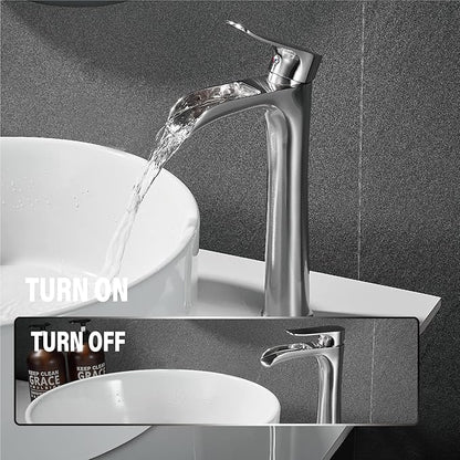 YUNDOOM Vessel Sink Faucet,Brushed Nickel Single Handle Single Hole Tall Bathroom Bowl Sink Faucet, Waterfall Bathroom Faucet