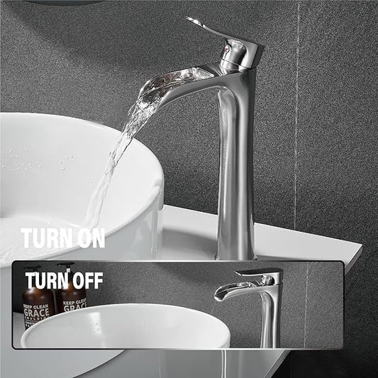 YUNDOOM Vessel Sink Faucet,Brushed Nickel Single Handle Single Hole Tall Bathroom Bowl Sink Faucet, Waterfall Bathroom Faucet