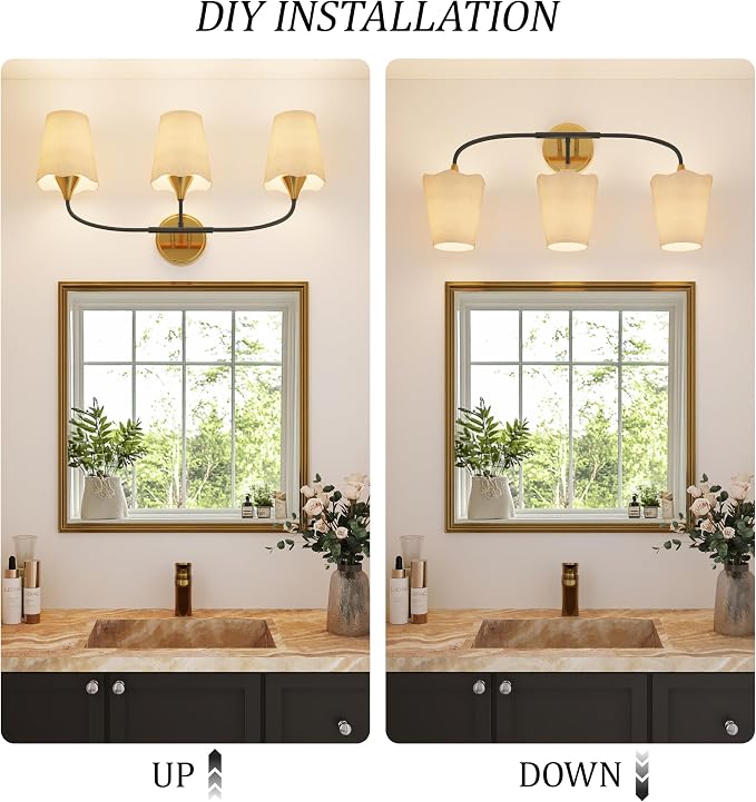 Morauroral Bathroom Light Fixtures Over Mirror, 3 Light Vanity Light for Bathroom, Black Gold Vanity Light Fixtures with Fabric Linen Shade, E26 Socket Sconce Wall Decor(ETL Listed)
