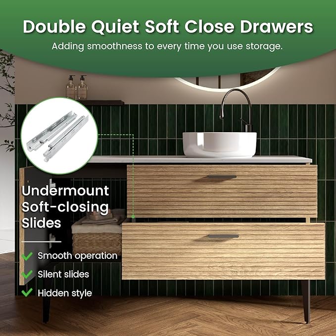 48" Bathroom Vanity with Sink and Side Cabinet Combo Set, Modern Bathroom Cabinet with Ceramic Vessel Sink, Engineered Stone Top, Soft-Closing Drawers & Door, Natural Oak